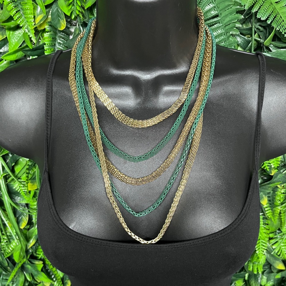 Statement Bib Necklace Multi Strand Mesh Gold Emerald Green‎ Tiered Chain 3817